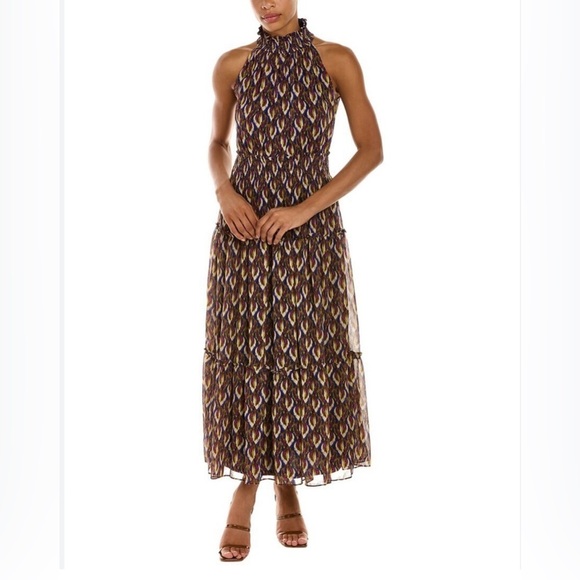 TAYLOR Navy/violet multi halter‎ neck chiffon tiered dress size 8. - Picture 2 of 14